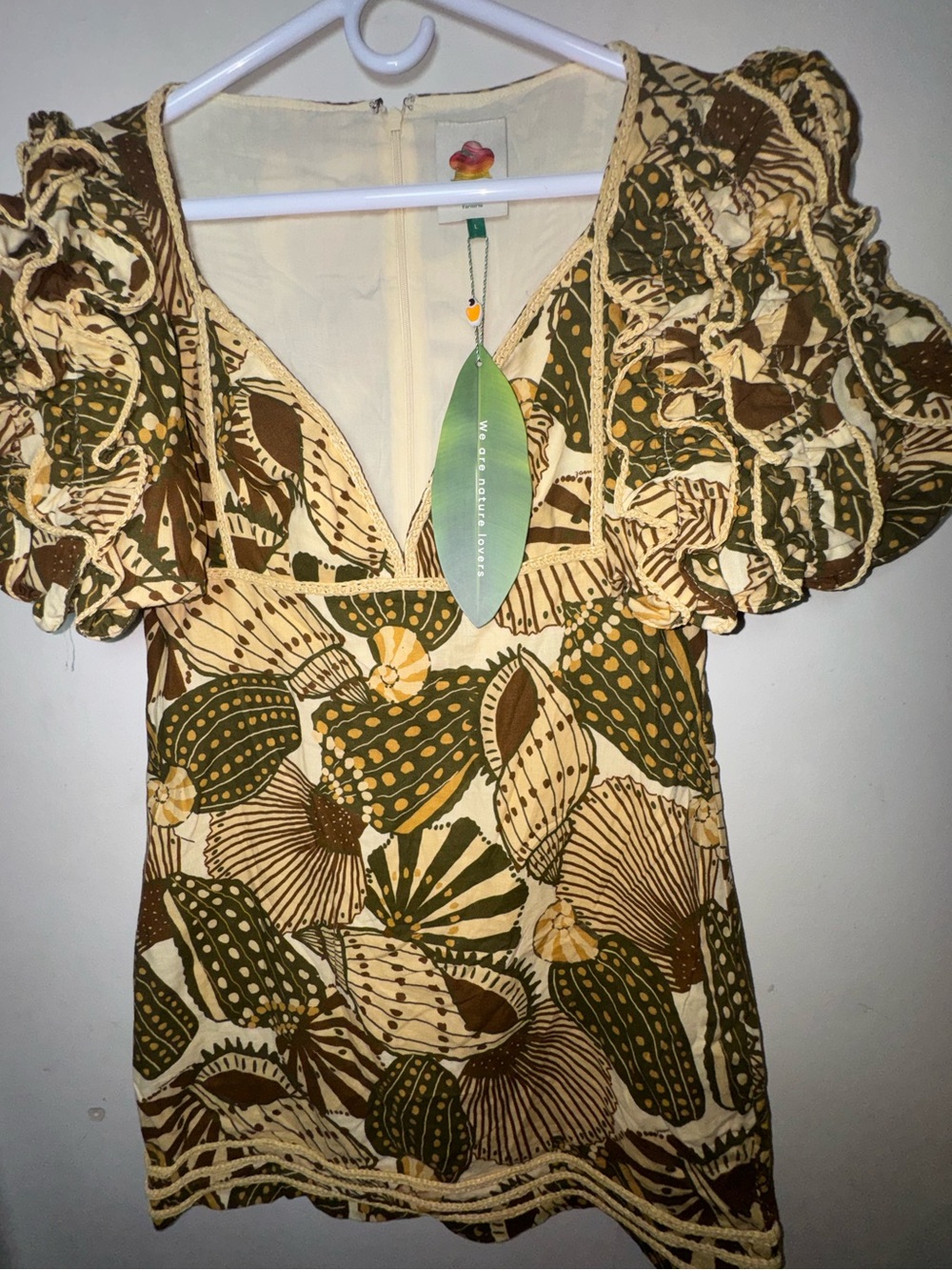 NWT Farm Rio Sand Shell Boho  puff sleeve Mini Dress - Picture 11 of 12